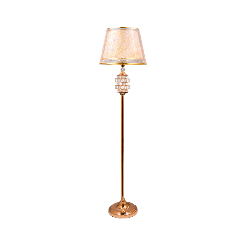 Print Fabric Gold Floor Lamp 2 Layers Tapered Shade Single Traditional Stand Up Lamp with Crystal Details