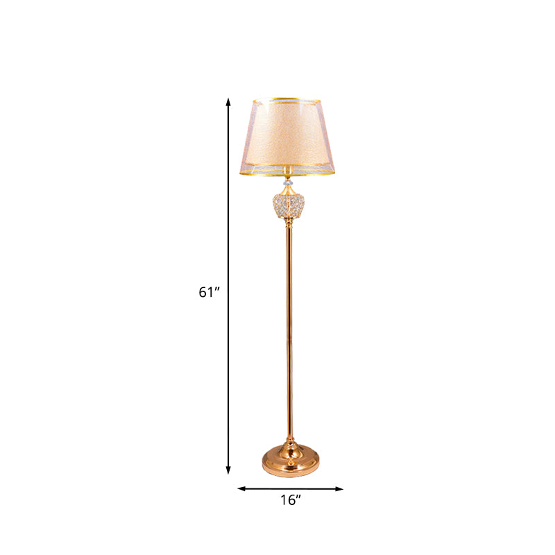 1-Light Standing Floor Light Vintage Chamber Reading Floor Lamp with Double Cone Fabric Shade in Gold