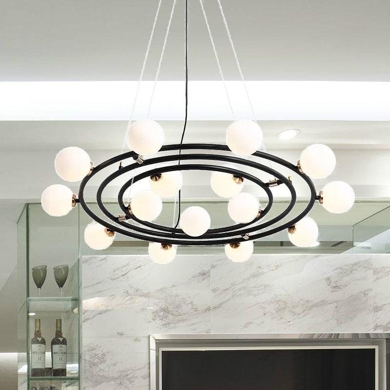 Contemporary Style 9/12/15 Lights Chandelier Black Round Suspension Light with Opal Glass Shade