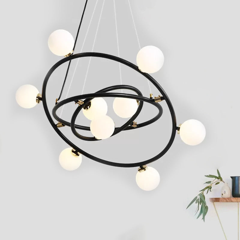 Contemporary Style 9/12/15 Lights Chandelier Black Round Suspension Light with Opal Glass Shade