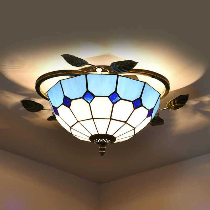 Blue Flower Design Ceiling Light Stained Glass 3 Lights Flushmount Light with Leaf Decoration