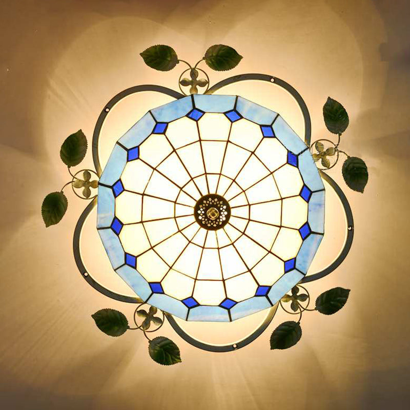 Blue Flower Design Ceiling Light Stained Glass 3 Lights Flushmount Light with Leaf Decoration