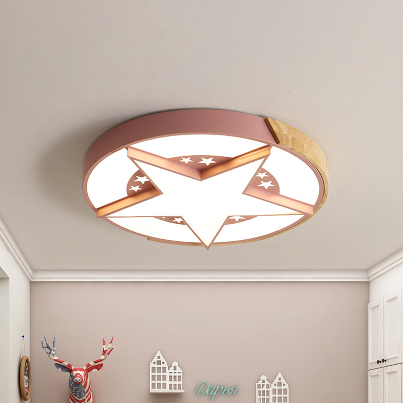 Star Bedroom Flush Ceiling Light with Round Design Metal LED Macaron Flush Mount in White/Pink/Blue and Wood