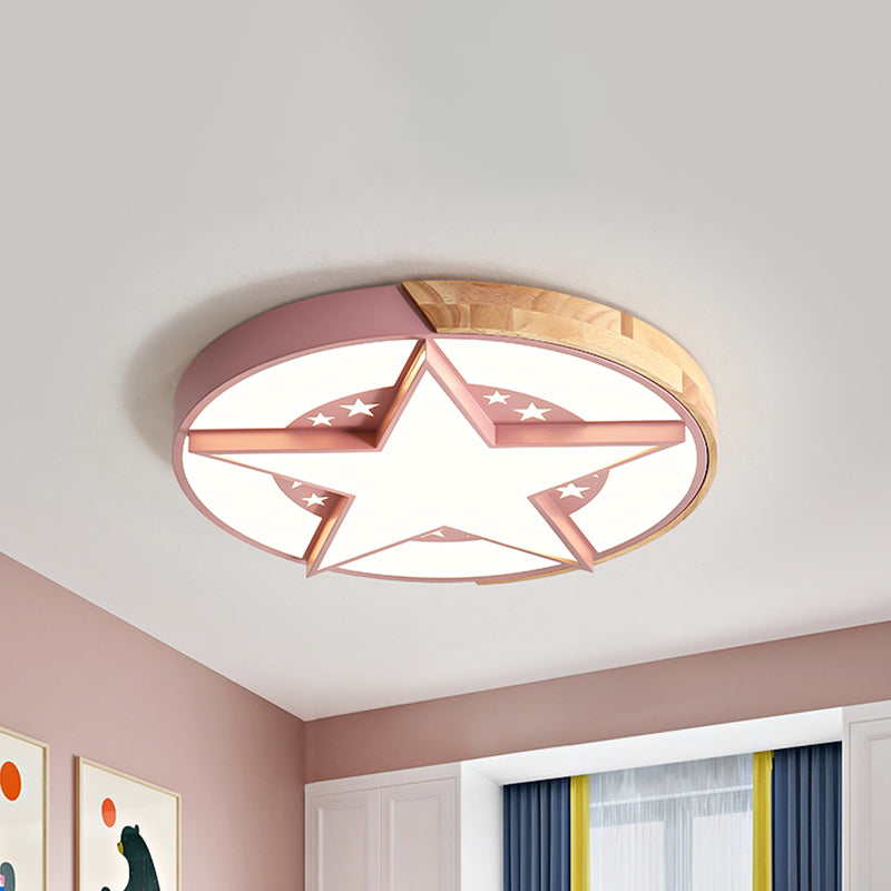 Star Bedroom Flush Ceiling Light with Round Design Metal LED Macaron Flush Mount in White/Pink/Blue and Wood