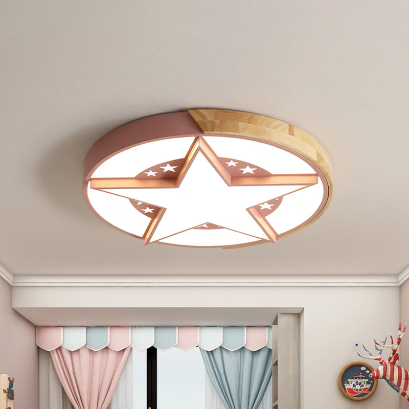 Star Bedroom Flush Ceiling Light with Round Design Metal LED Macaron Flush Mount in White / Pink / Blue and Wood