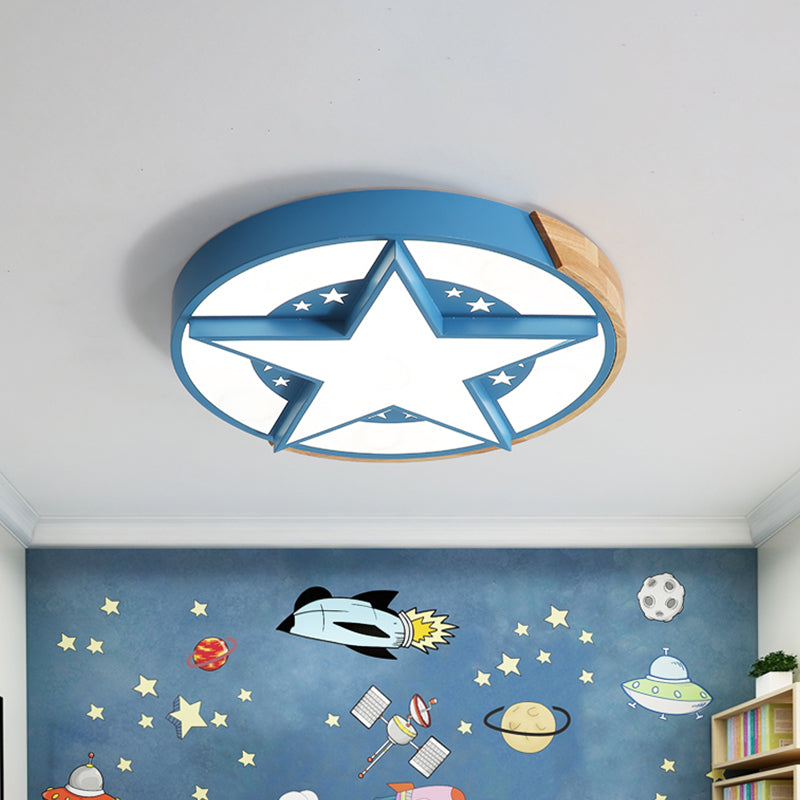 Star Bedroom Flush Ceiling Light with Round Design Metal LED Macaron Flush Mount in White/Pink/Blue and Wood