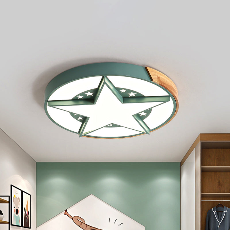 Star Bedroom Flush Ceiling Light with Round Design Metal LED Macaron Flush Mount in White / Pink / Blue and Wood