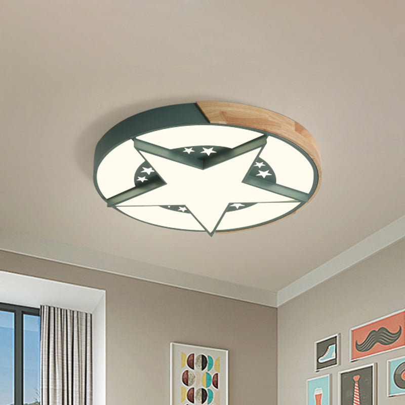 Star Bedroom Flush Ceiling Light with Round Design Metal LED Macaron Flush Mount in White / Pink / Blue and Wood