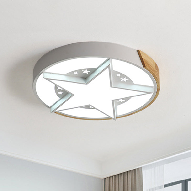 Star Bedroom Flush Ceiling Light with Round Design Metal LED Macaron Flush Mount in White/Pink/Blue and Wood