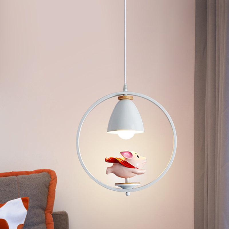 Fer Bell and Ring Hanging Light Kit nordic 1 tête blanc finition pendulum lampe avec cochon / fille / garçon déco