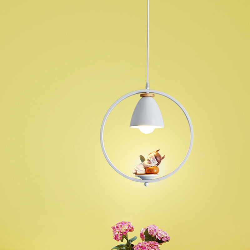 Fer Bell and Ring Hanging Light Kit nordic 1 tête blanc finition pendulum lampe avec cochon / fille / garçon déco