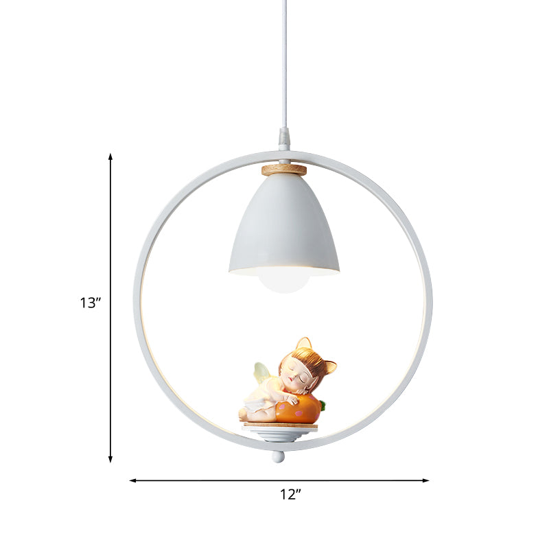 Iron Bell and Ring Hanging Light Kit Nordic 1 Head White Finish Pendulum Lamp with Pig/Girl/Boy Deco