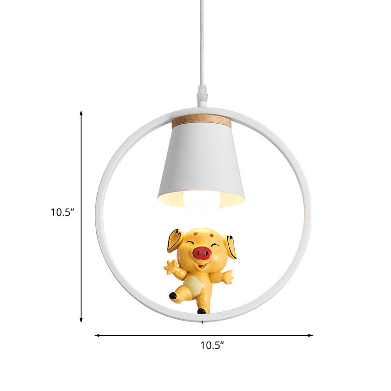 Pig Resin Pendant Lighting Cartoon 1-Light Yellow Suspension Lamp with White Ring