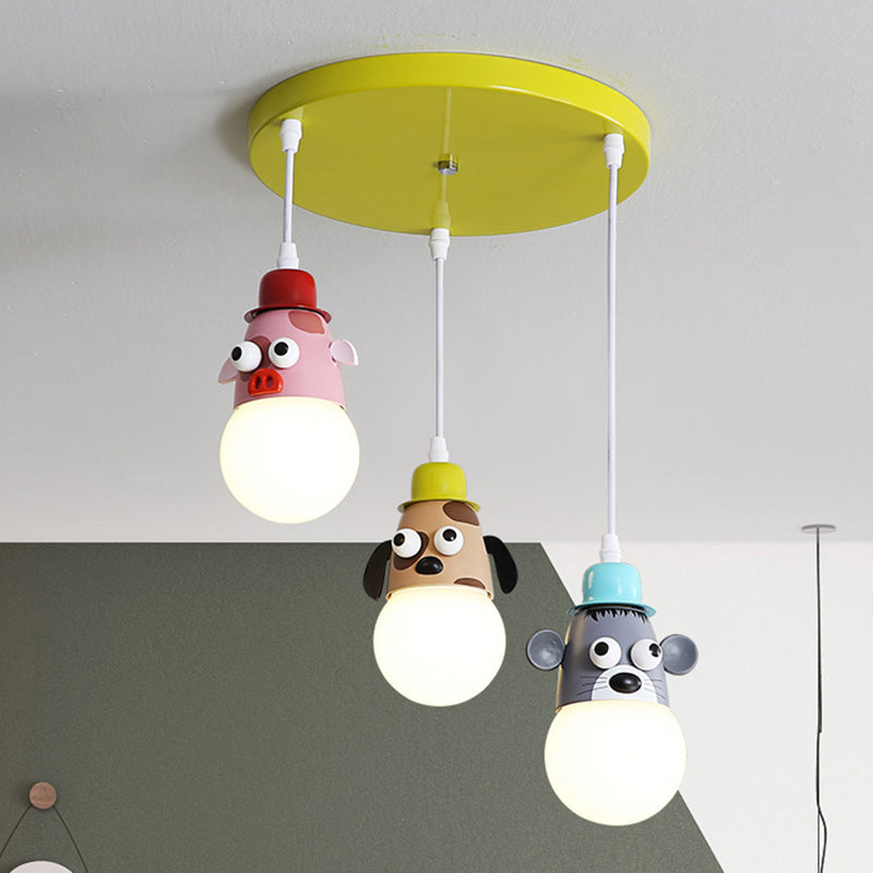 Cartoon Animaux Multi Light Pendant Metallic 3 Heads Kids Room Kids suspendu le plafond de plafond en jaune et vert
