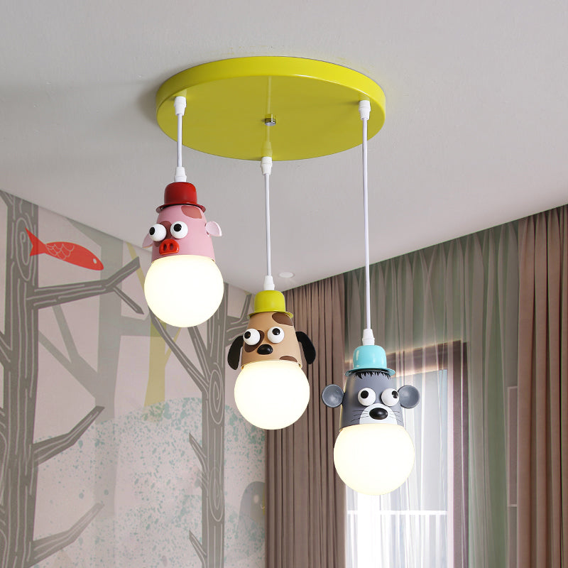 Animales de dibujos animados múltiples colgantes metálicos metálicos 3 cabezas para niños lámpara de techo colgante en amarillo y verde