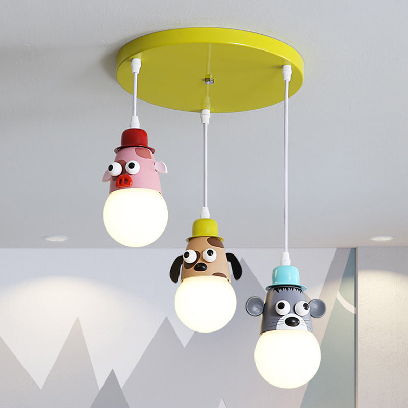 Cartoondieren Multi Light hanglagend metalen 3 koppen kinderkamer hangende plafondlamp in geel en groen