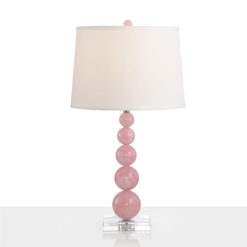 Barrel Shade Nightstand Lamp Modernist Fabric Single White Night Table Light with Orbs Pink Glass Stand