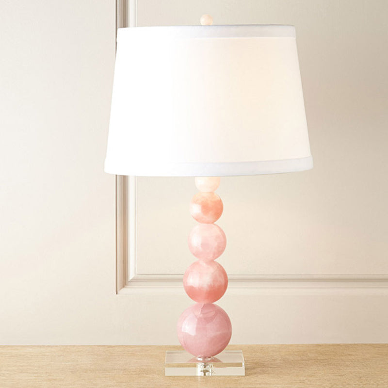 Barrel Shade Nightstand Lamp Modernist Fabric Single White Night Table Light with Orbs Pink Glass Stand