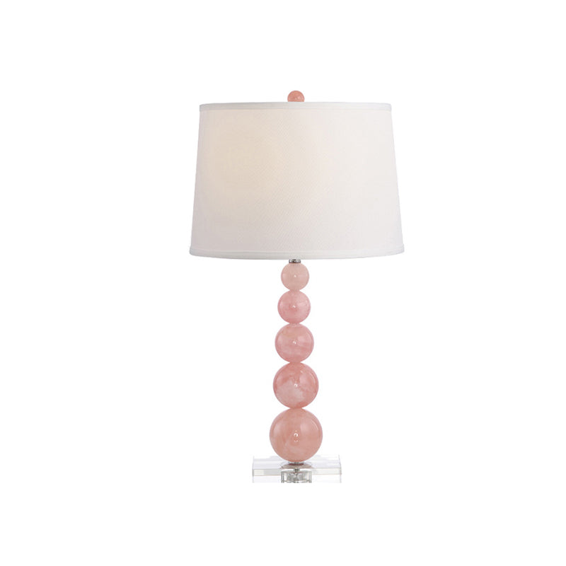 Barrel Shade Nightstand Lamp Modernist Fabric Single White Night Table Light with Orbs Pink Glass Stand