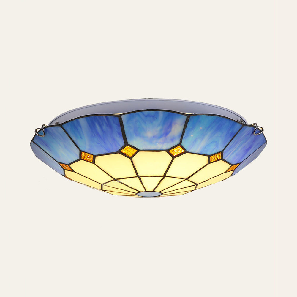 Blue Bowl-Shaped Ceiling Light Tiffany Stained Glass 3 Bulbs Flush Mount Ceiling Light for Dining Room