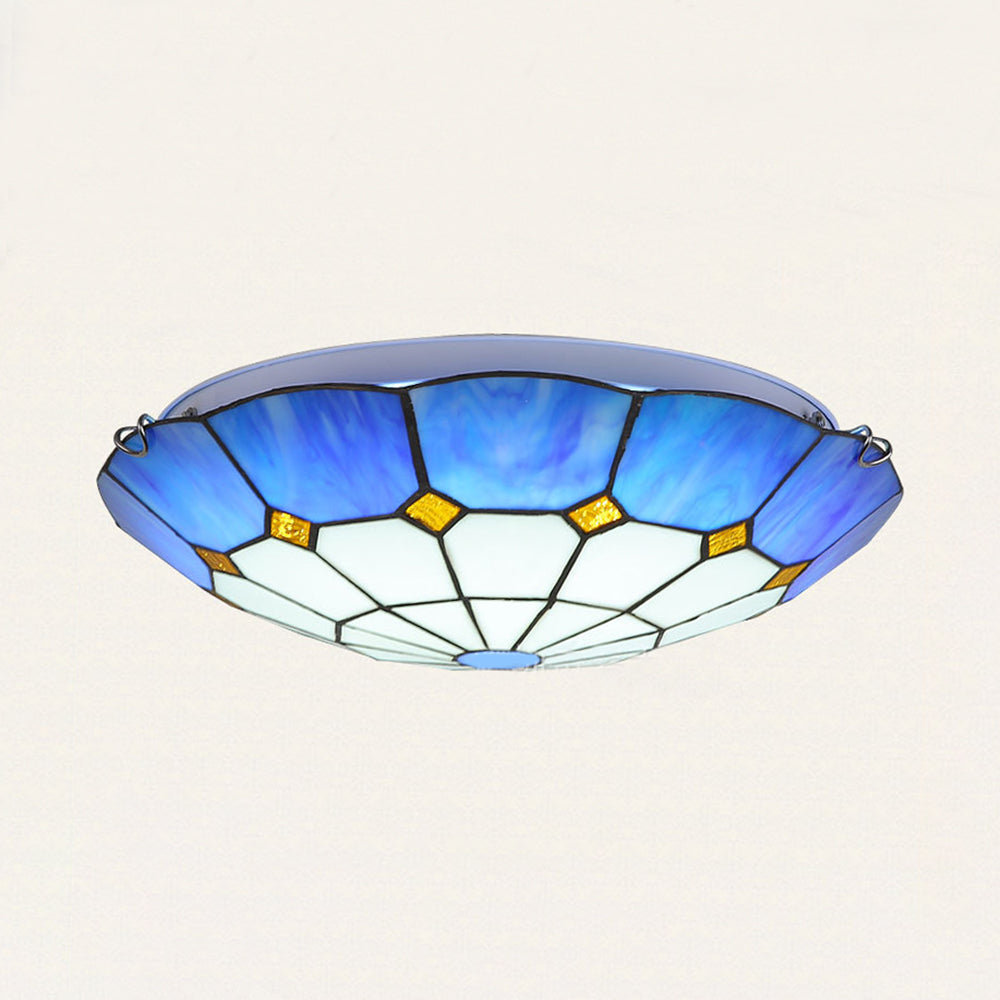 Blue Bowl-Shaped Ceiling Light Tiffany Stained Glass 3 Bulbs Flush Mount Ceiling Light for Dining Room