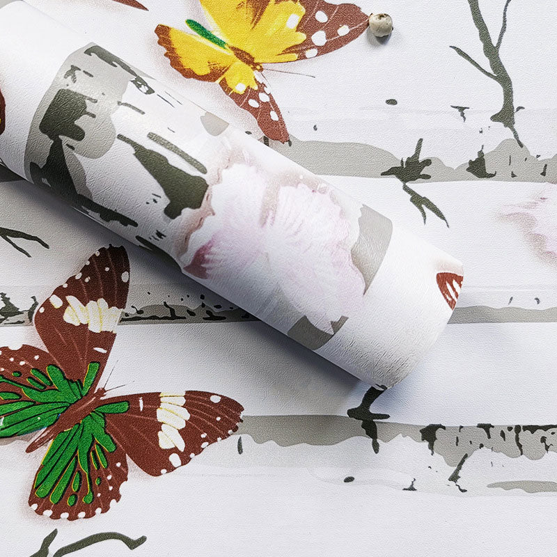 Plaster Removable Wallpaper Roll with Multicolored Butterfly and Birch Tree Design for Children, 48.4 sq ft.