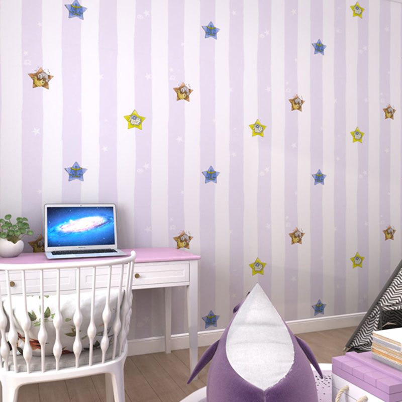 Decorative Soft Color Wallpaper Roll Non-Pasted Star and Fish Wall Covering for Girl, Non-Pasted