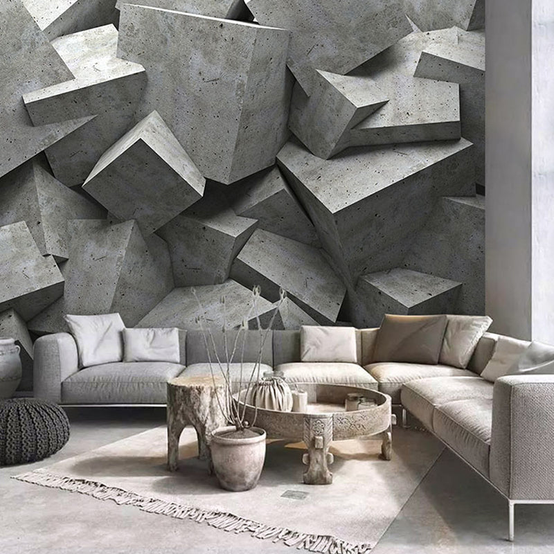 Industrial Mural Wallpaper Pastel Grey Irregular 3D Geometries Wall Art, Customized Size Available