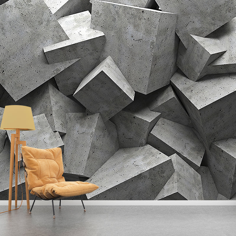 Industrial Mural Wallpaper Pastel Grey Irregular 3D Geometries Wall Art, Customized Size Available