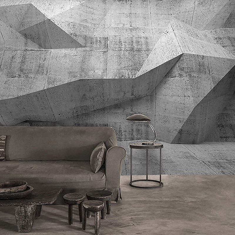 Industrial Mural Wallpaper Pastel Grey Irregular 3D Geometries Wall Art, Customized Size Available