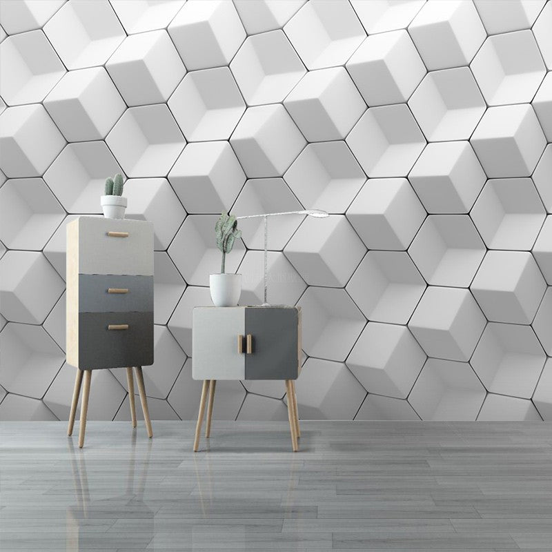 Full Mural Wallpaper Plain Grey 3D Geometries Customized Wall Decor, Personalized Size Available