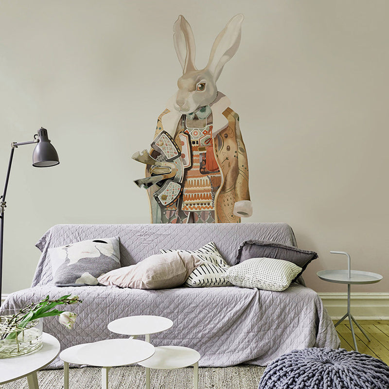 Whole Plain Background Mural Wallpaper for Kid's Bedroom Cartoon Rabbit Wall Art in Beige, Stain Resistant