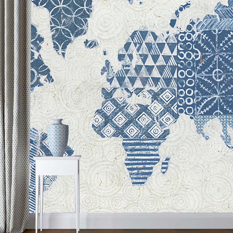 Minimalist Wall Mural with Map of the World Design for Coffee Shop, Large Wall Art in Soft Blue