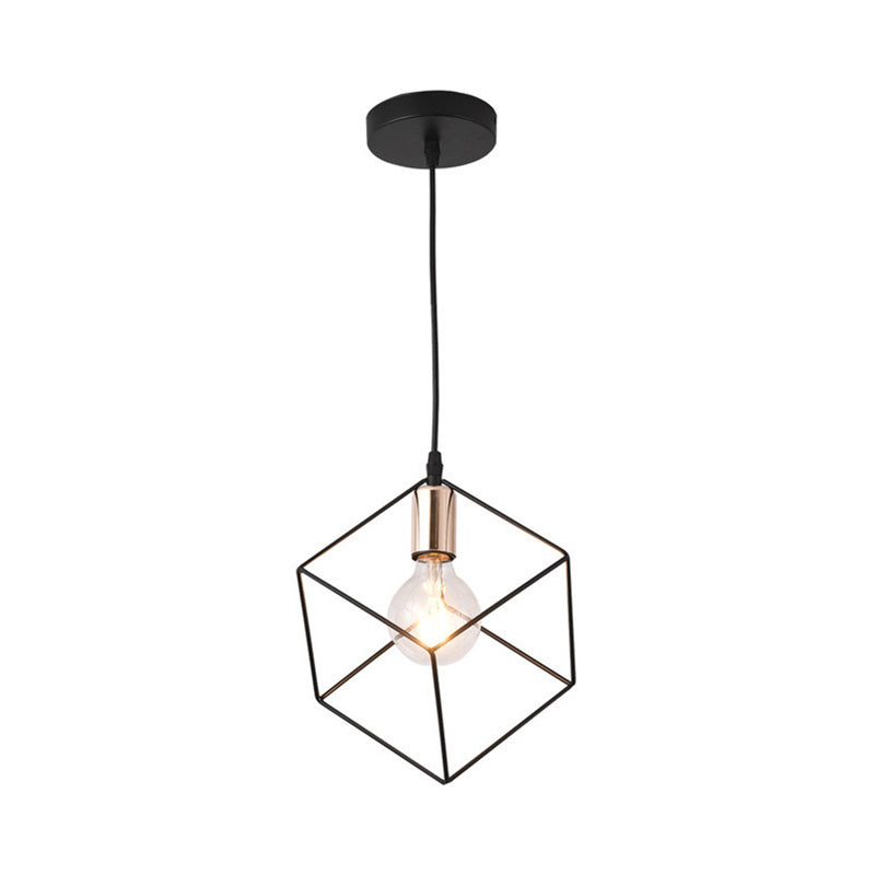 1 Light Squared Cage Ceiling Lighting Retro Style Black Finish Metal Hanging Light Fixture for Living Room