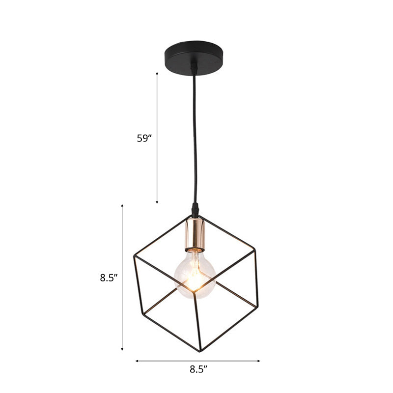 1 Light Squared Cage Ceiling Lighting Retro Style Black Finish Metal Hanging Light Fixture for Living Room