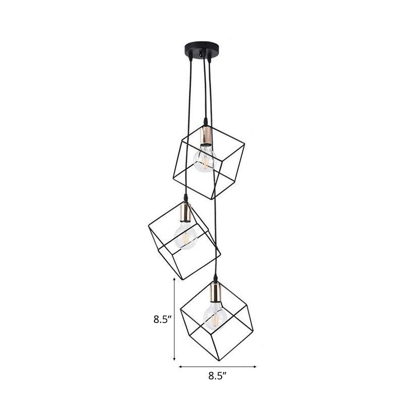 Square Suspension Light 3 Lichter Metall Industrieanhänger Beleuchtung in Schwarz für Foyer