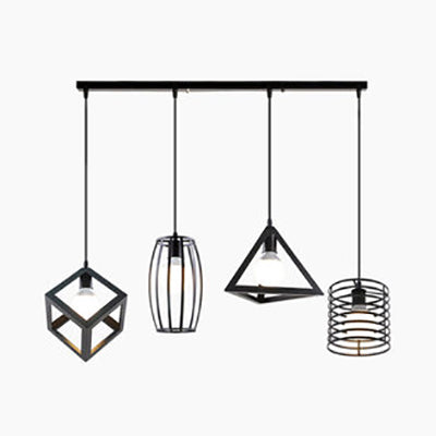 4 Heads Ceiling Lighting with Wire Frame Shade Metallic Industrial Dining Room Pendant Lighting in Black