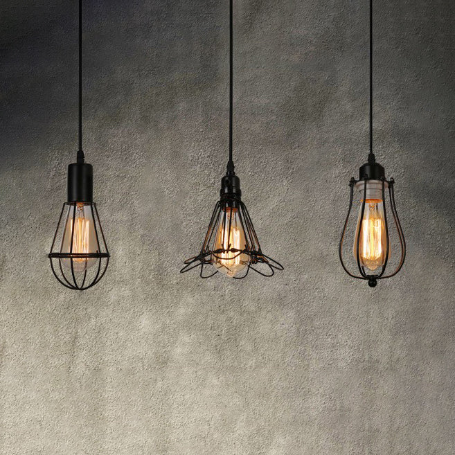 3 Lights Cage Drop Ceiling Light Farmhouse Black Metallic Mini Pendant Lamp with Linear Canopy