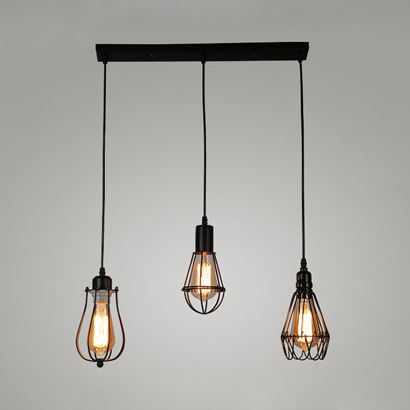 3 Lights Cage Drop Ceiling Light Farmhouse Black Metallic Mini Pendant Lamp with Linear Canopy