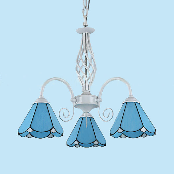 Blue Glass Cone Chandelier Light with Hanging Chain Traditional 3 Lights Indoor Lighting for Dining Room