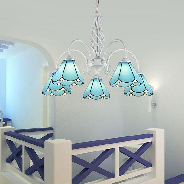 5 Lights Cone Hanging Light with Metal Chain and Gooseneck Stained Glass Vintage Blue Chandelier