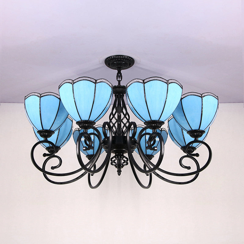 Luce appesa blu smerlata con loft braccio curvo 8 luci color lampadario in vetro in blu
