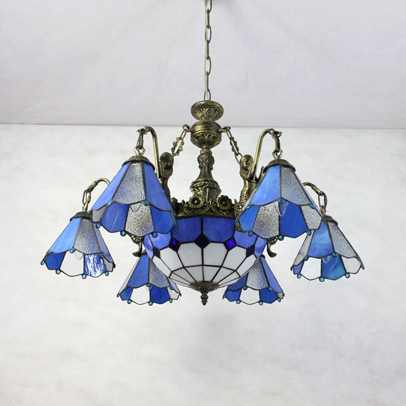 Azul 9 luces Candelier colgante Tiffany Glass Curring Light para comedor