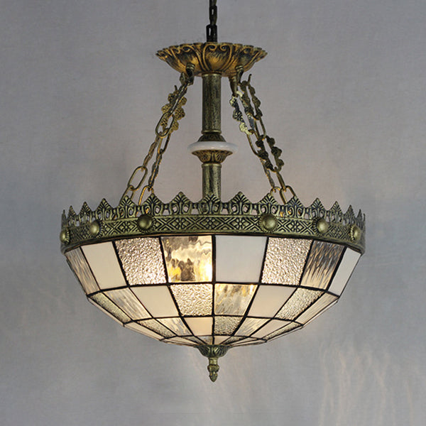 Stained Glass Bowl Pendant Lamp with Adjustable Chain 3 Lights Hanging Light in Brass