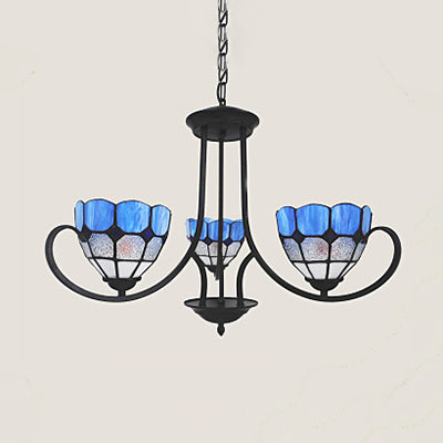 Baroque Bowl Hanging Ceiling Light 3 Lights Stained Glass Pendant Lighting in Blue for Foyer