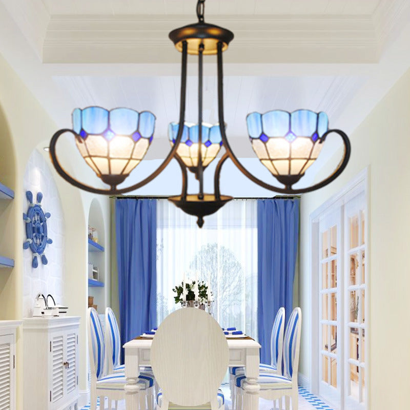 Luz de techo colgante de tazón barroque Luces de vidrio manchado de 3 luces en azul para Foyer
