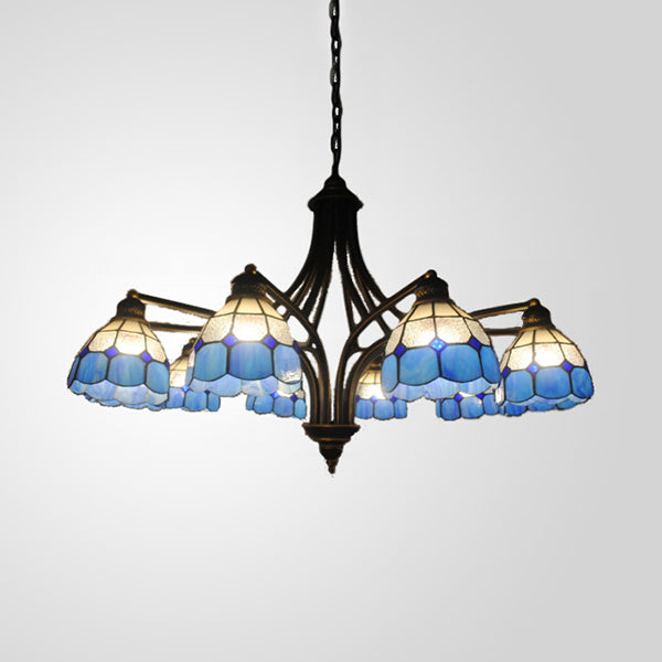 Éclairage de lustre en dôme Méditerranéen 8 lumières Blue Glass Plafond Pendant Light for Dining Table