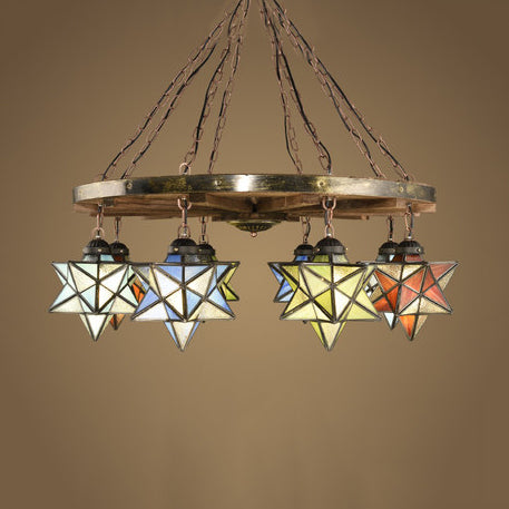 Brass Wheel Pendant Light with Stained Glass Star Shade Rustic Chandelier Lighting for Foyer