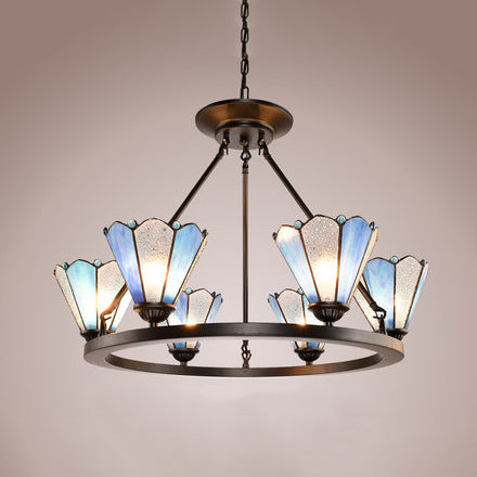 Éclairage pendentif conique avec vitrail tachée de bague 6 lumières lampe de lustre traditionnelle en bleu