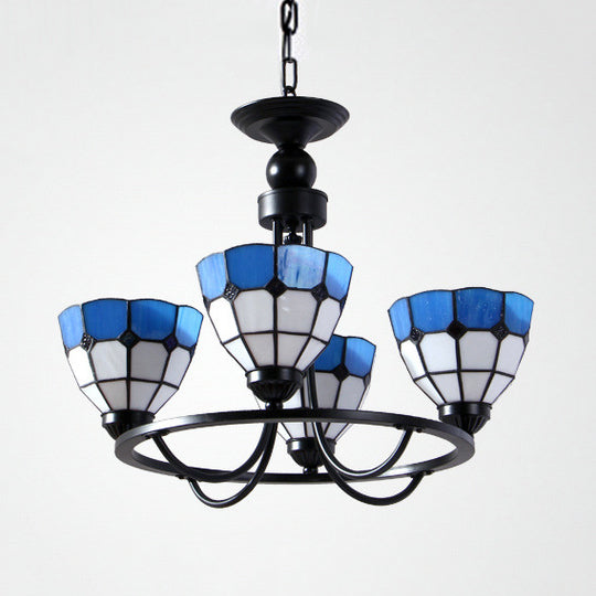 Blue Glass Bowl Ceiling Hanging Light 4 Lights Mediterranean Chandelier Lamp for Bedroom
